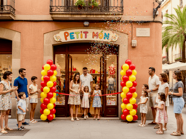 Columna de globos en la entrada de una tienda que atrae a los clientes, decoración de retail en colores vibrantes en una tienda de moda durante el día con luz natural