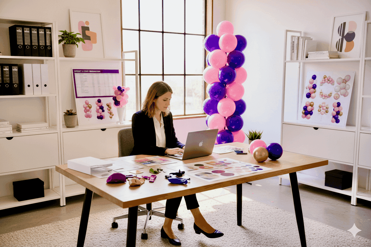 Profesional de eventos calculando el ROI de una columna de globos reutilizable, decoración que ahorra costes para múltiples eventos