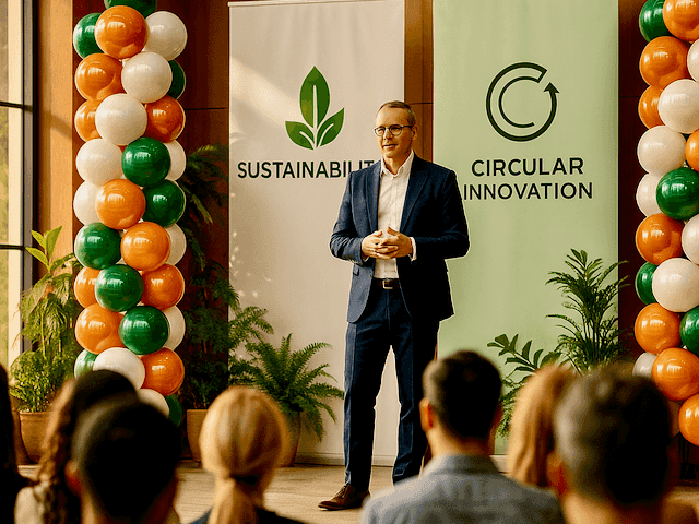 Columna de globos en un escenario de evento profesional durante una ceremonia de graduación o seminario, con un orador y una audiencia visibles para dar una idea de la escala