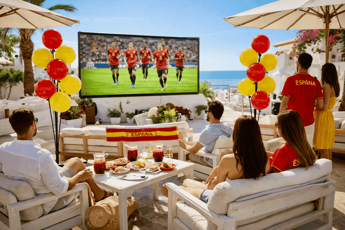 Decoración con globos en terraza soleada durante evento de fútbol