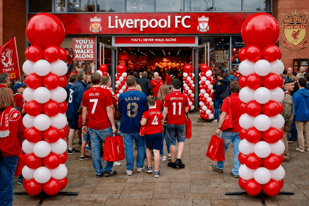 Instalación festiva de globos para fiesta de fútbol
