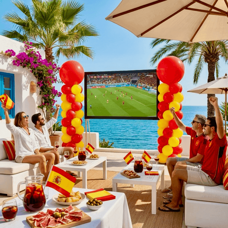 Decoración de globos naranja para fiesta del fútbol en hostelería y terraza