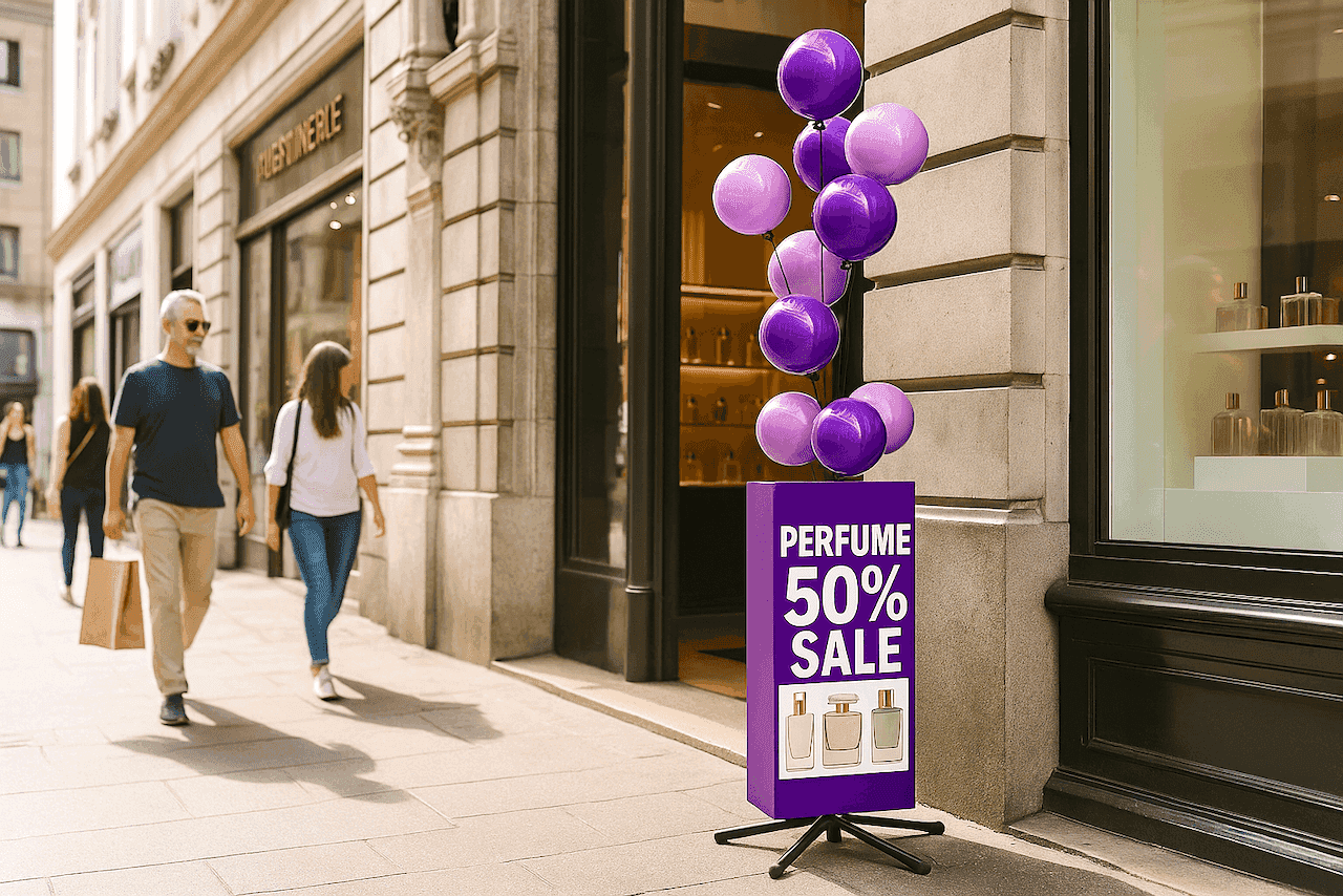 Soporte publicitario con globos con funda de poste en entorno retail
