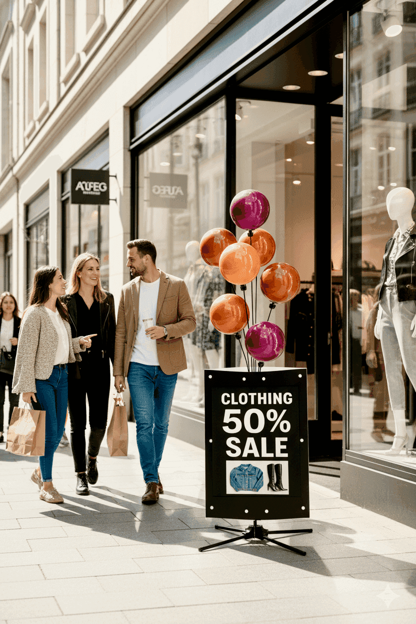 Soporte publicitario con globos PilaMania con globos flotantes y cartel de señalización profesional en entorno de tienda moderna