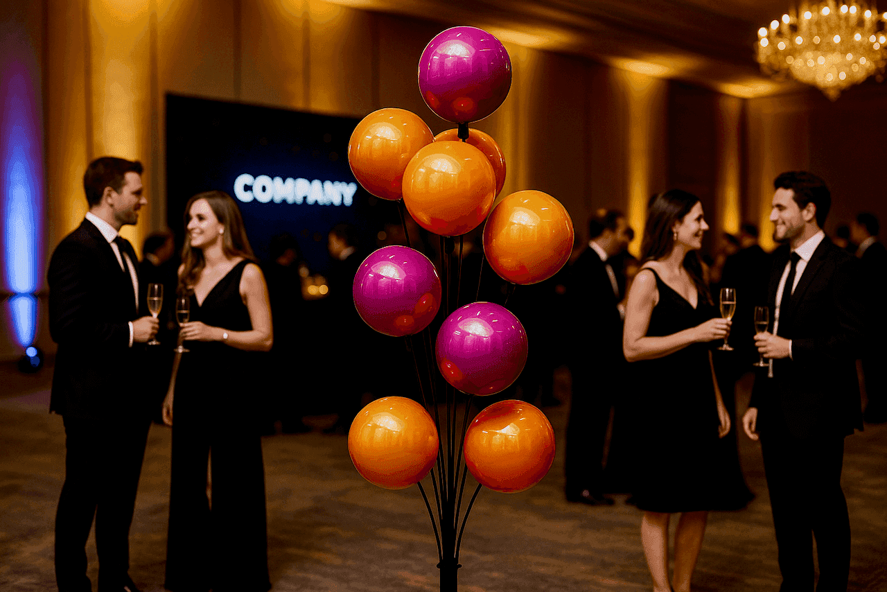 Soporte publicitario con globos realza ambiente de lujo entre elegantes asistentes de gala.