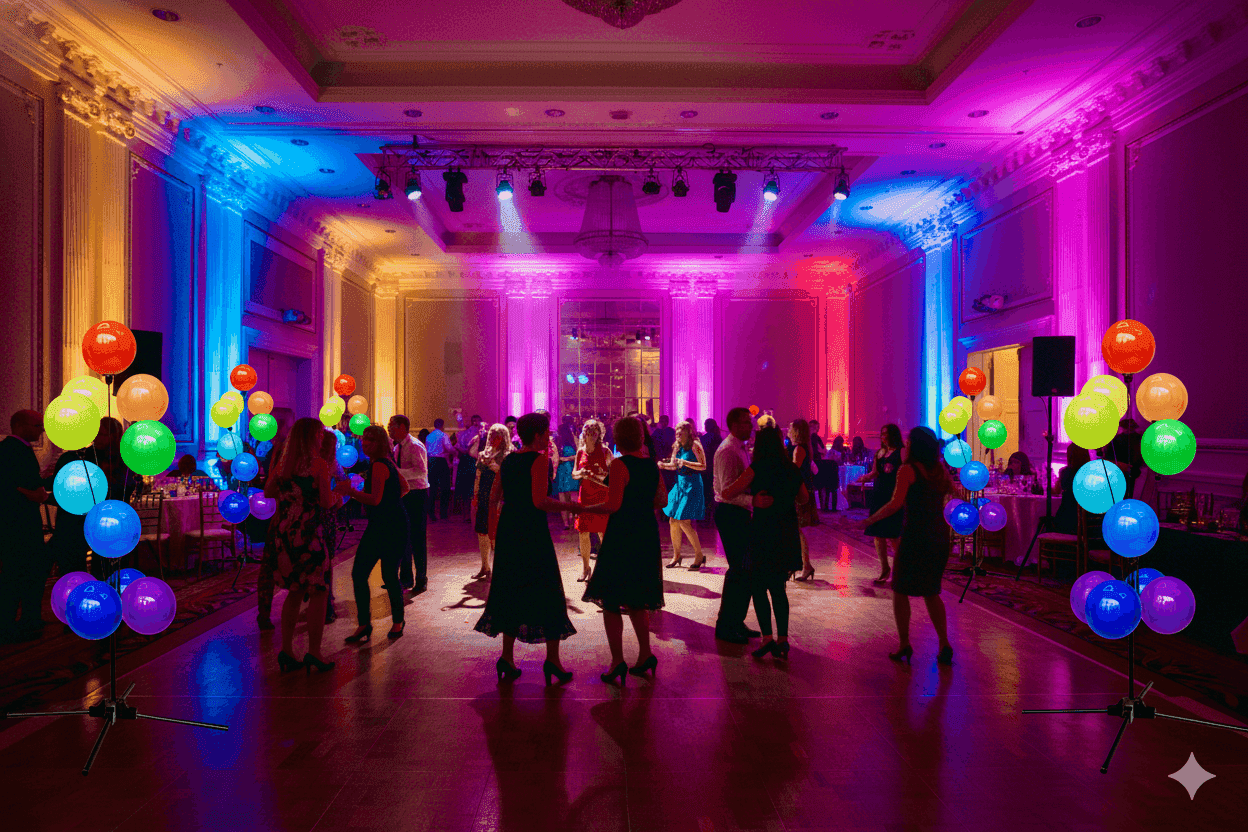 Soportes publicitarios con globos iluminan salón de fiestas con invitados bailando e iluminación colorida