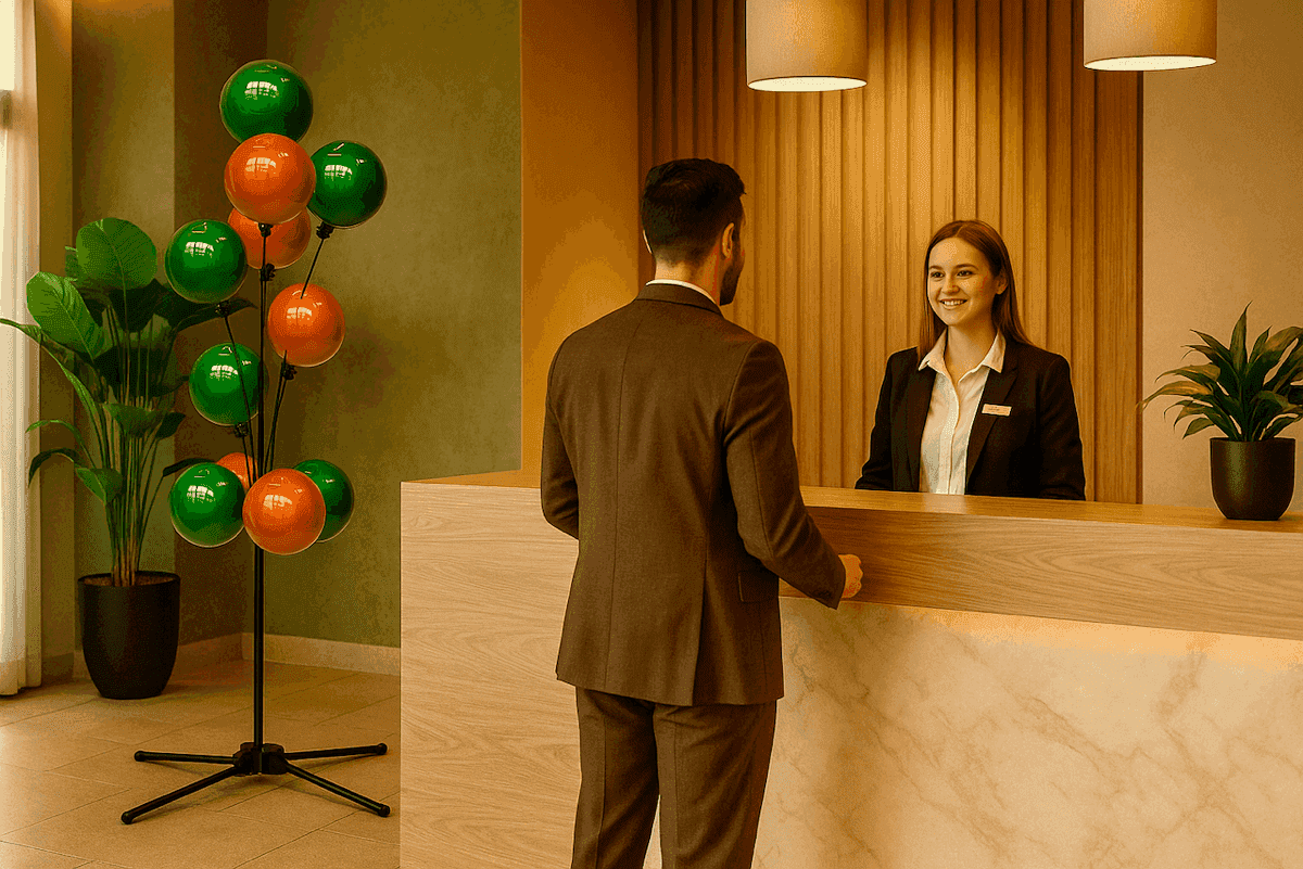 Soporte publicitario con globos sutil en mostrador de recepción para decoración de primera impresión profesional