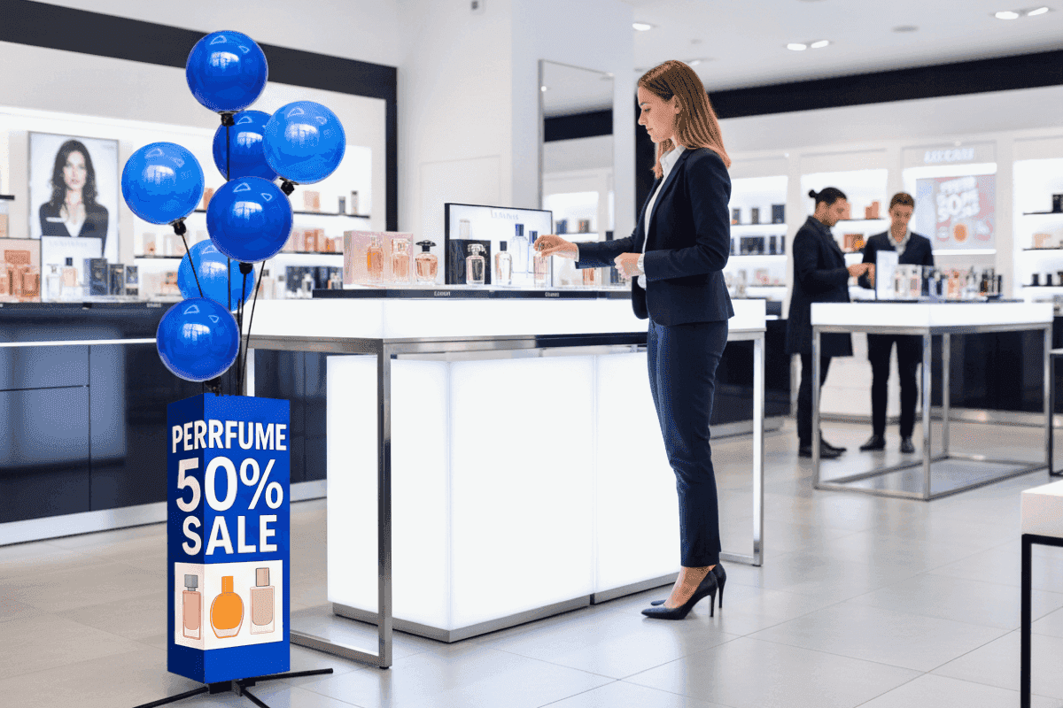 Soporte publicitario con globos como elegante señalización retail junto a productos, decoración punto de venta con configuración móvil