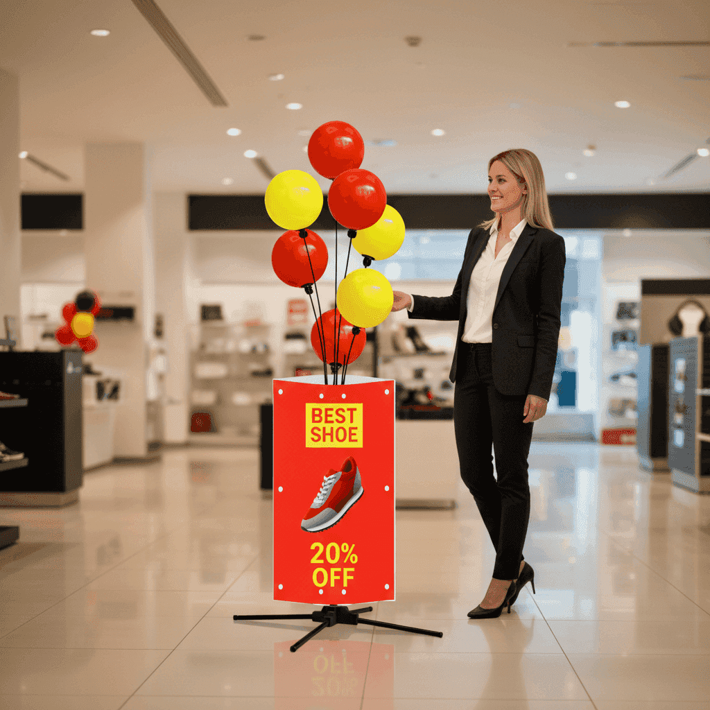 Collage de profesionales usando soportes publicitarios con globos PilaMania en diversos entornos: displays retail, eventos y showrooms, muestra transformación hacia tranquilidad operacional