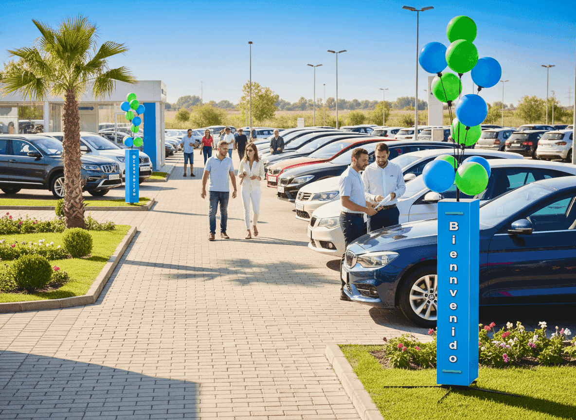 Un soporte publicitario con globos de pie firmemente en exterior en un concesionario de coches bajo el sol ardiente