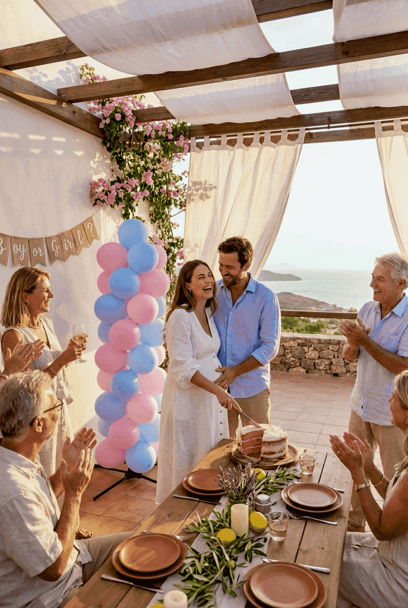 Futuros padres junto a pilar de globos rosa y azul en terraza cubierta con familia aplaudiendo