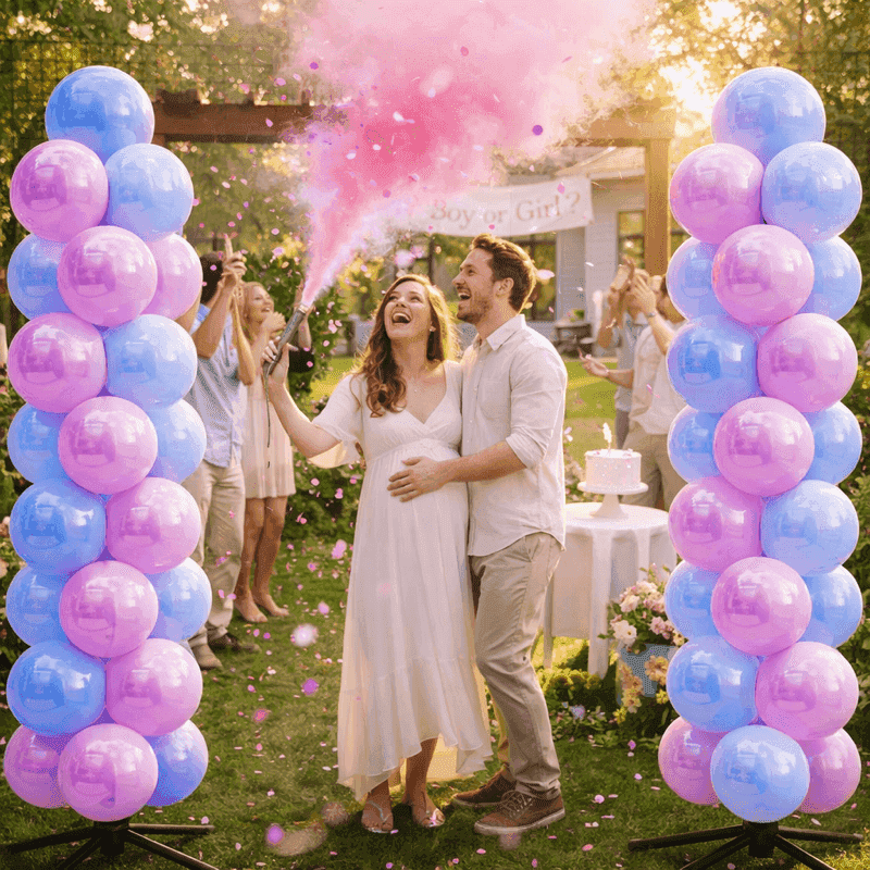 Espectacular gender reveal con cañón de humo rosa y arco de globos rosa-azul en jardín