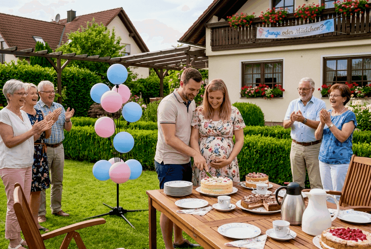 Gender reveal veraniega en jardín con racimo de globos, familia aplaudiendo y tarta
