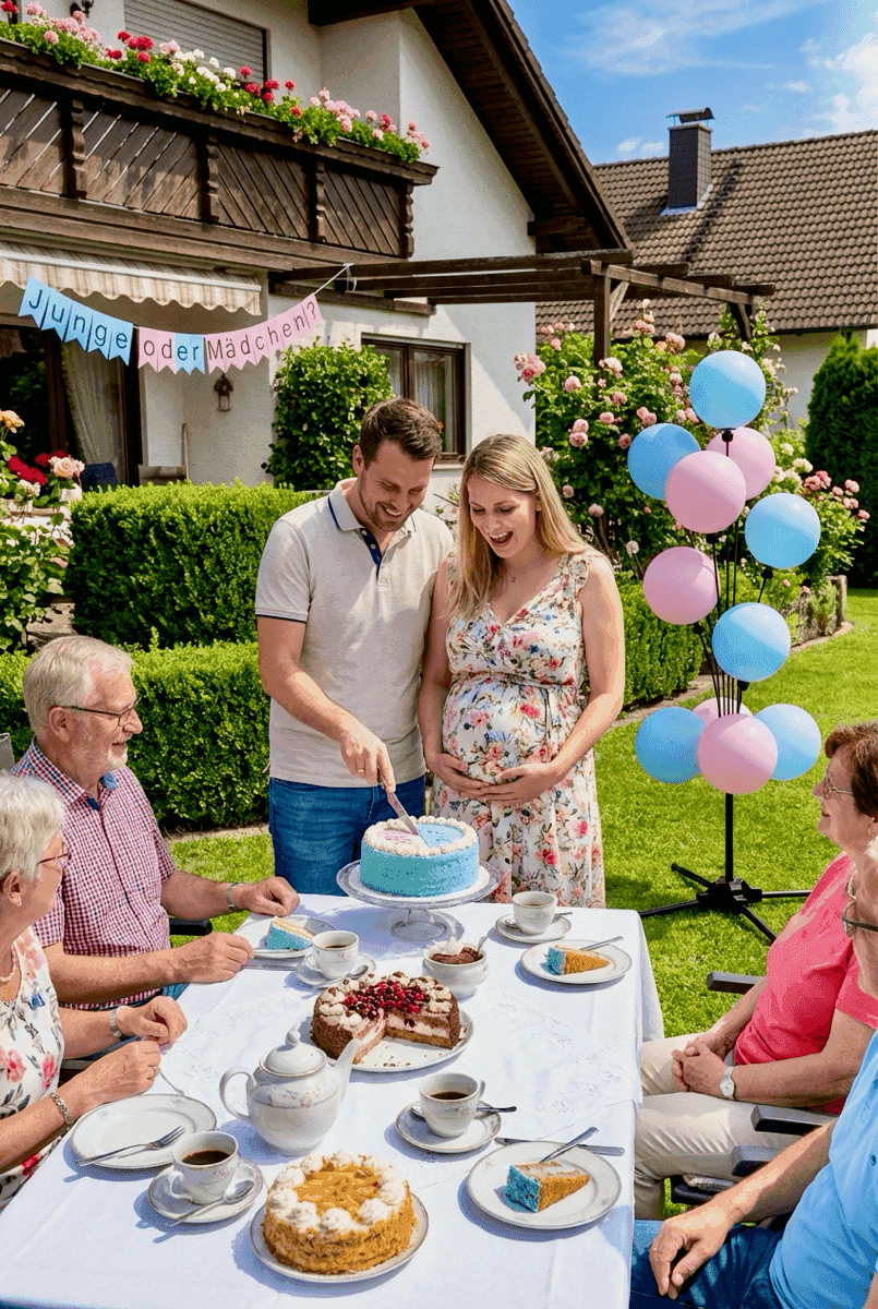 Mesa de merienda gender reveal en jardín con globos, dulces y felices futuros padres
