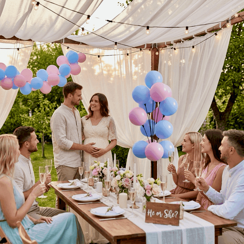 Fiesta gender reveal en jardín con fuente de globos rosa y azul y luces sobre mesa larga