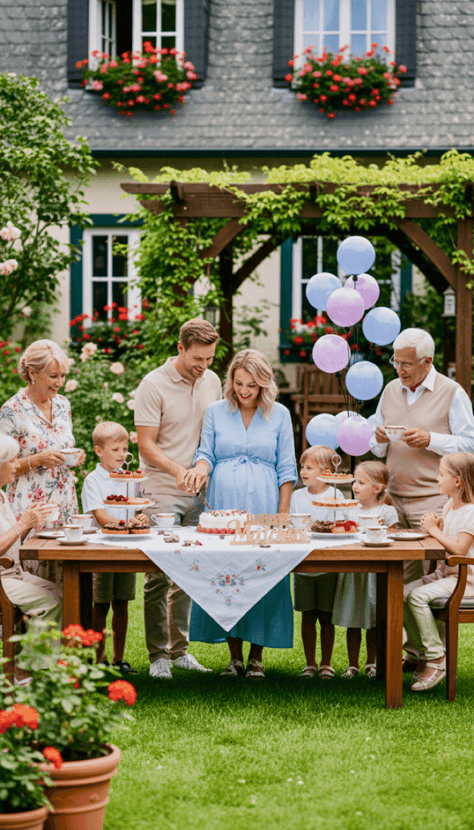 Tres generaciones de familia alrededor de mesa en jardín con globos pastel gender reveal