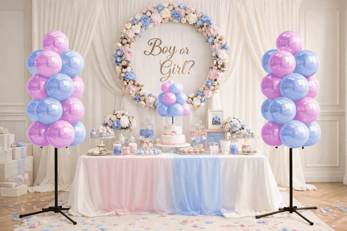 Sweet table profesional gender reveal con dos pilares de globos y decoración Boy or Girl