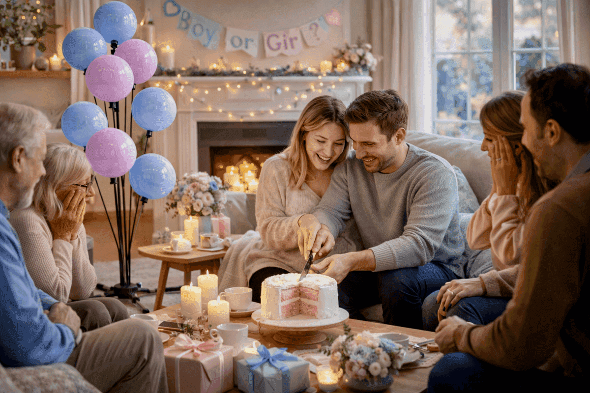Gender reveal íntimo en salón con fuente de globos, tarta reveal y tres generaciones de familia