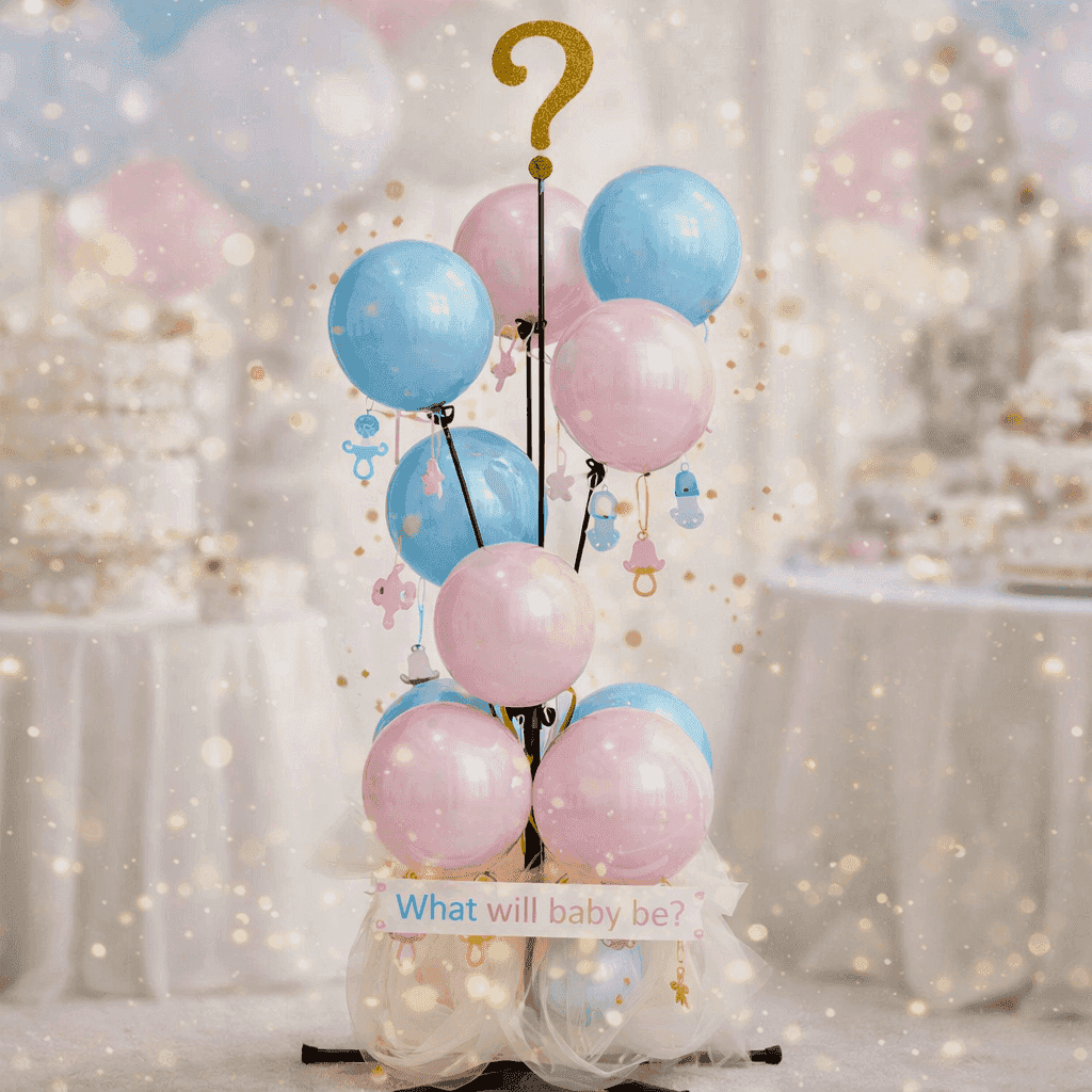 Racimo de globos gender reveal con topper de interrogación dorado, globos rosa y azul mezclados con cartel What Will Baby Be