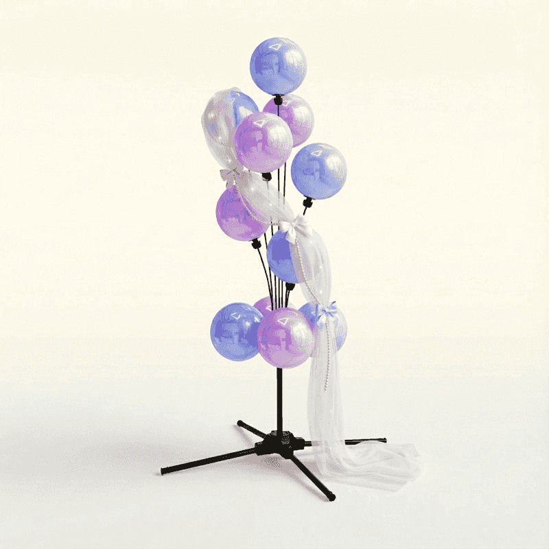 Fuente de globos gender reveal soñadora en suaves tonos pastel con lazos de tul blanco y acentos transparentes