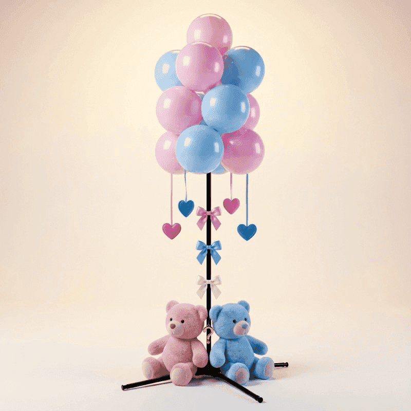 Racimo de globos gender reveal achuchable con ositos de peluche rosa y azul a cada lado y decoración de corazones colgantes