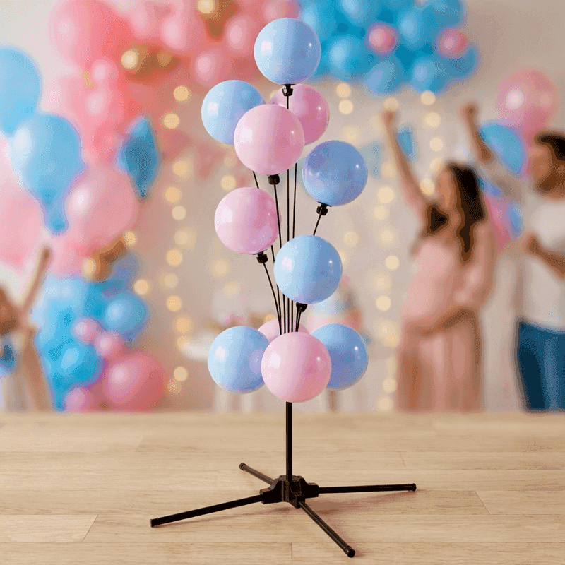 Fuente de globos gender reveal como decoración de mesa