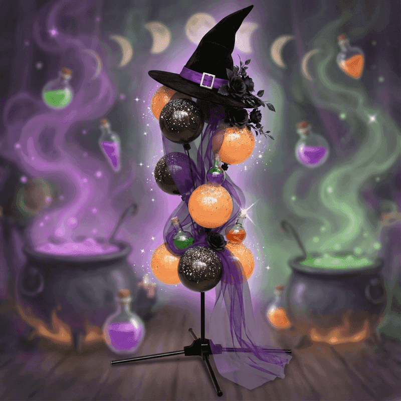 Fuente de globos PilaMania decorada para Halloween con sombrero de bruja negro, tul morado y acentos de purpurina — elegante decoración de globos Halloween estilo witch-chic reutilizable