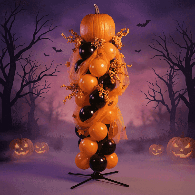 Pilar de globos PilaMania decorado para Halloween con calabaza decorativa, tul naranja y flores otoñales — decoración de globos reutilizable estilo harvest Halloween