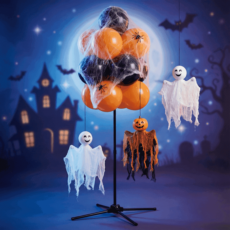 Racimo de globos PilaMania decorado para Halloween con fantasmitas blancos colgantes de gasa, fantasma calabaza naranja y telarañas — decoración de globos Halloween reutilizable para niños