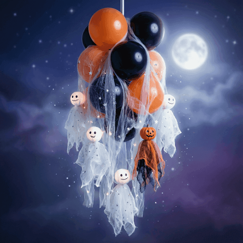 Racimo de globos colgante PilaMania decorado para Halloween con fantasmitas blancos de gasa en cascada flotando hacia abajo — etérea decoración de globos Halloween reutilizable estilo ghost drop