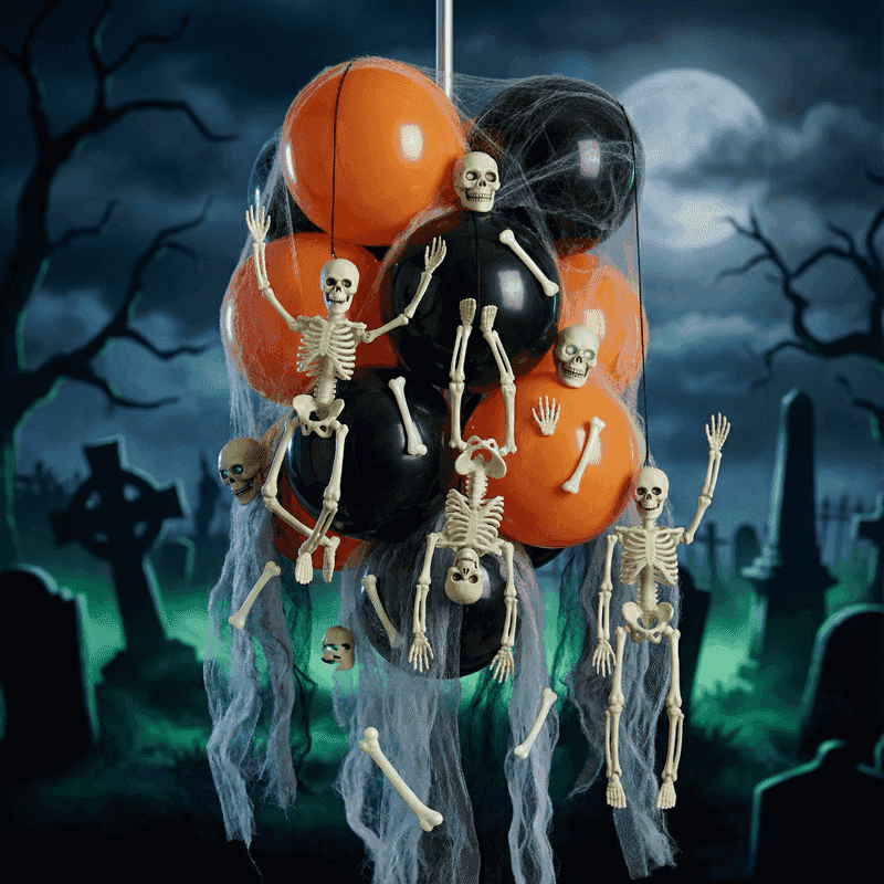 Racimo de globos colgante PilaMania decorado para Halloween como móvil de esqueletos con mini esqueletos bailarines, huesos sueltos y calaveras — decoración de globos Halloween reutilizable juguetonamente macabra