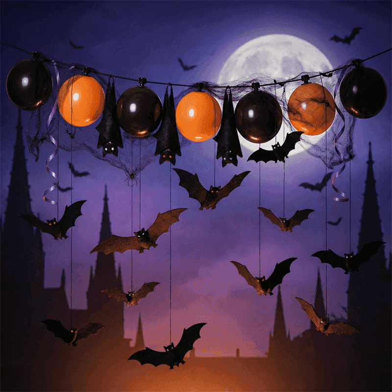 Guirnalda de globos PilaMania decorada para Halloween con enjambre de murciélagos voladores — murciélagos dormidos, despegando y volando crean efecto dinámico bat swarm para decoración de globos Halloween reutilizable