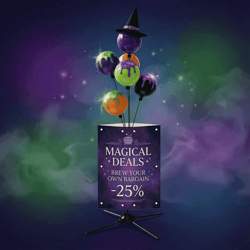 Tablero sandwich PilaMania con fuente de globos estilo witch's potion shop — globos de PVC morados y verdes con sombrero de bruja y promoción mágica de descuento para display retail Halloween