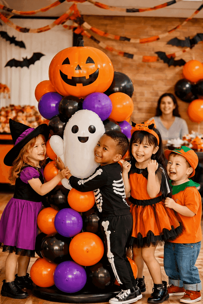 Niños jugando seguros junto a decoración de globos de Halloween