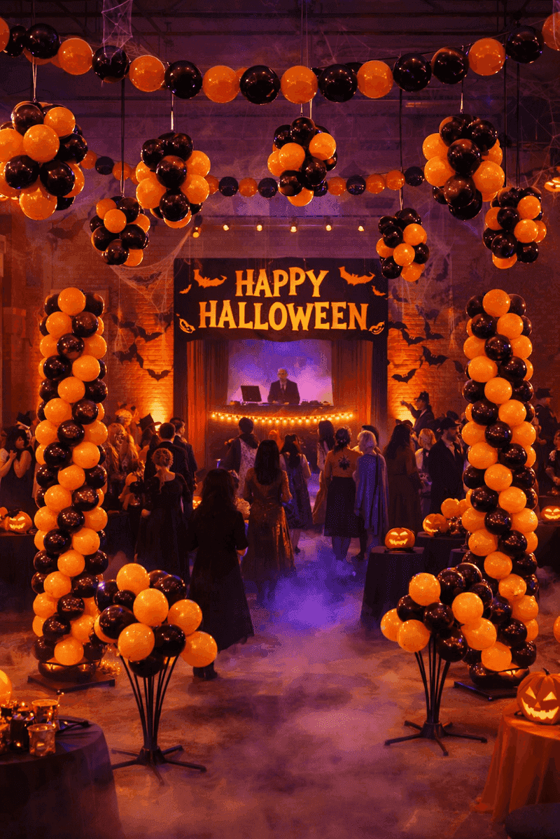 Salón de Halloween con arco de globos Happy Halloween y fuentes