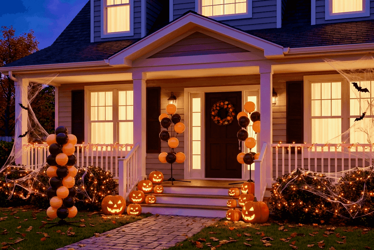 Decoración de porche de Halloween con pilares de globos, telarañas y calabazas