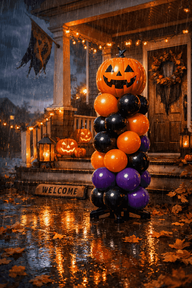 Decoración de globos de Halloween en clima adverso fuera junto a una puerta principal