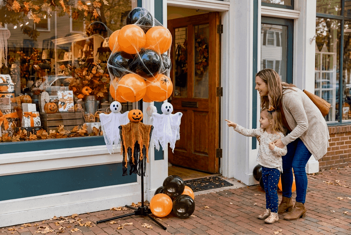 Madre e hijo admirando un racimo de globos de Halloween con decoración de fantasmas
