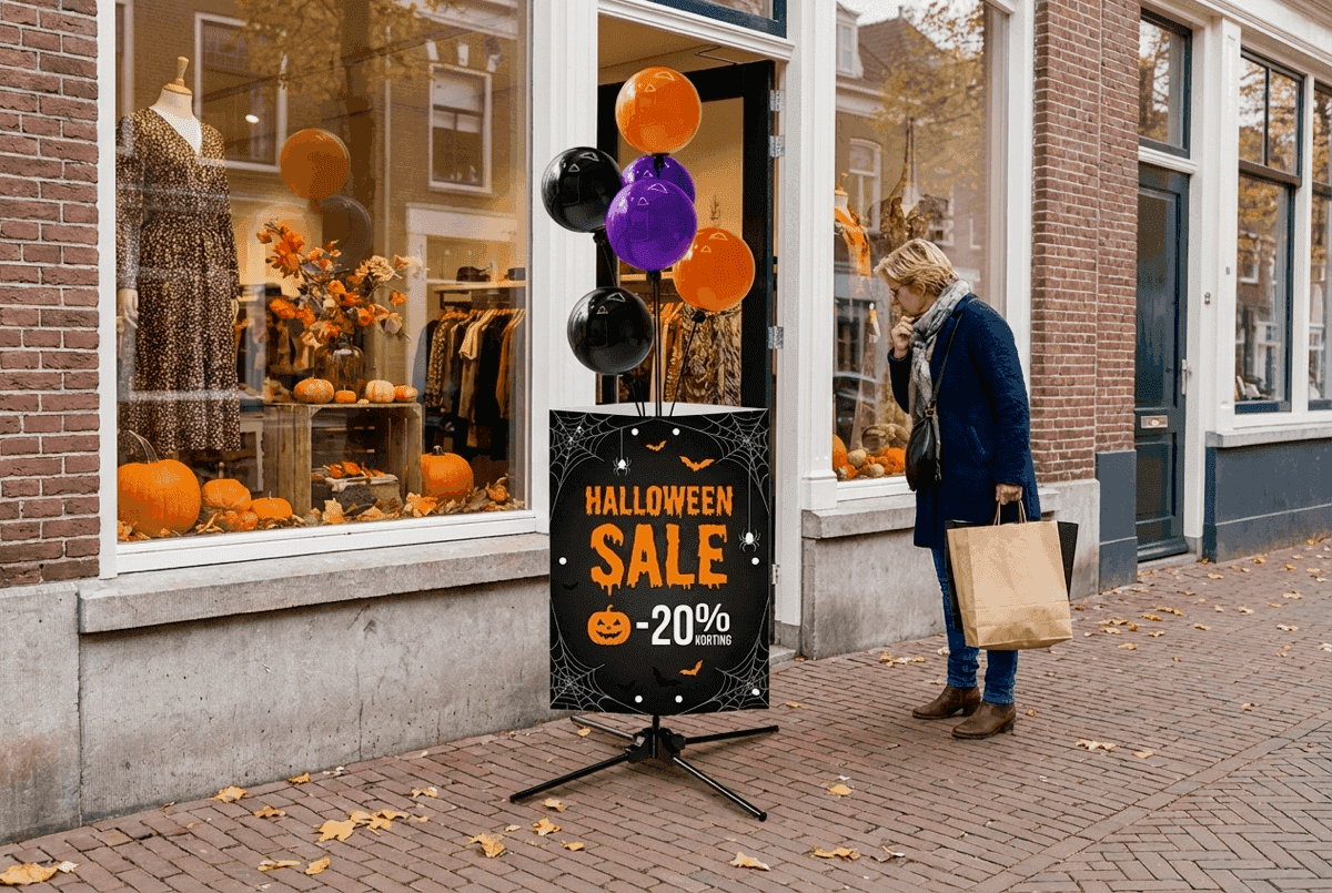 Cartel de ofertas de Halloween con racimo de globos naranjas y morados junto a tienda