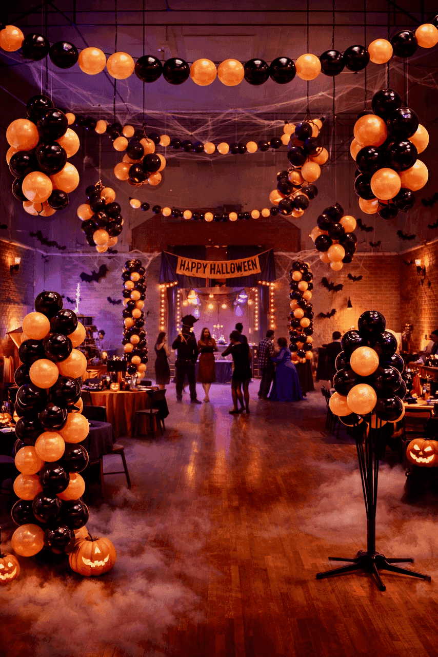 Fiesta de Halloween espeluznante con niebla, guirnaldas de globos y fuentes