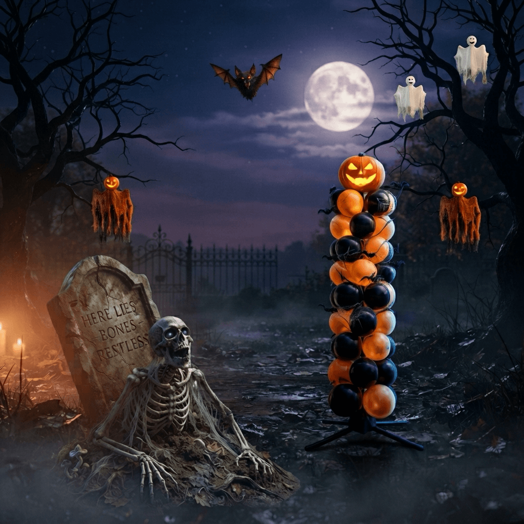 Decoración de Halloween con columna de globos, lápida, esqueleto y fantasmas