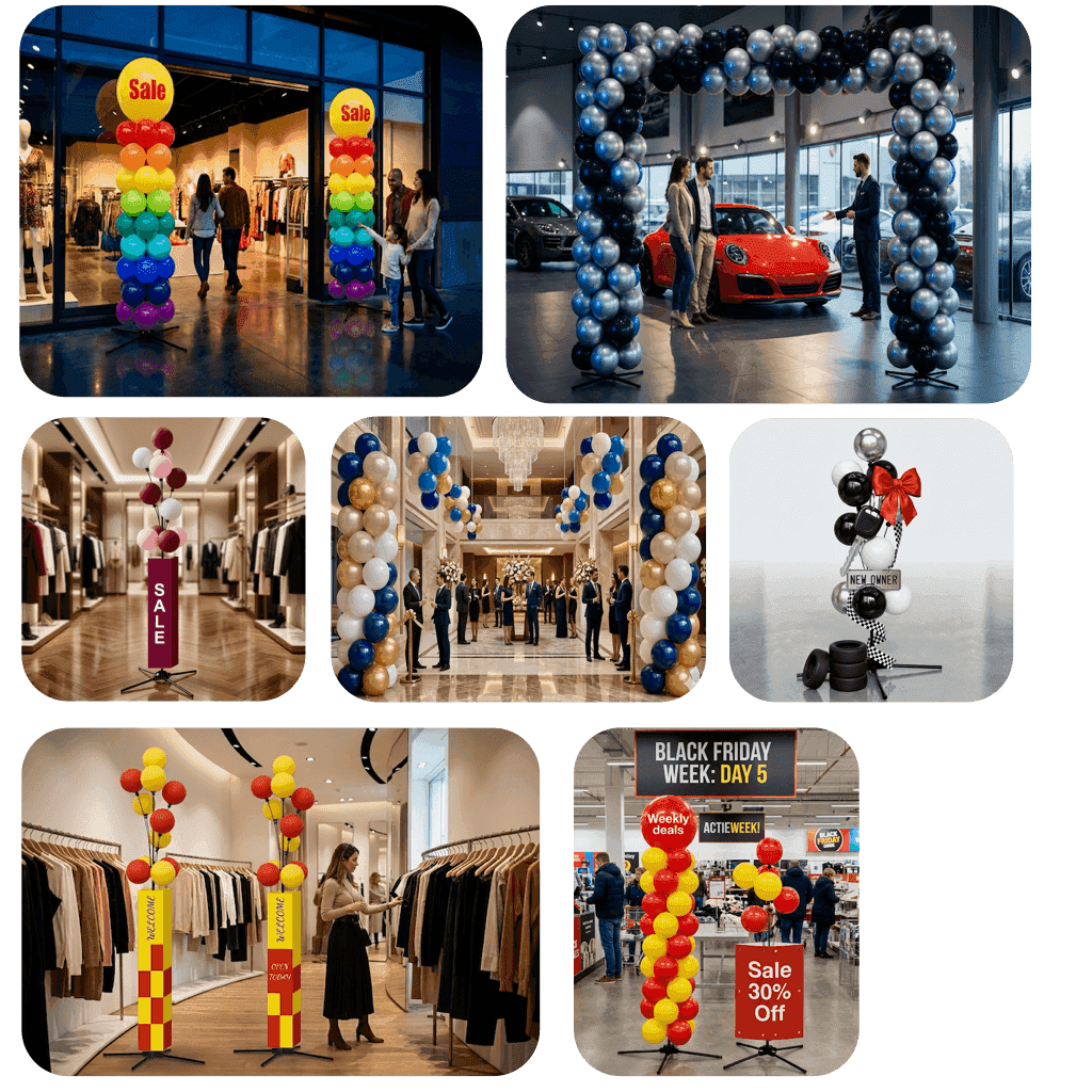 Columnas de globos en colores corporativos en entrada de tienda como señalización profesional