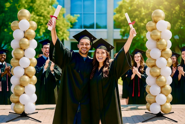 Columnas de globos reutilizables en una entrega de diplomas en el campus