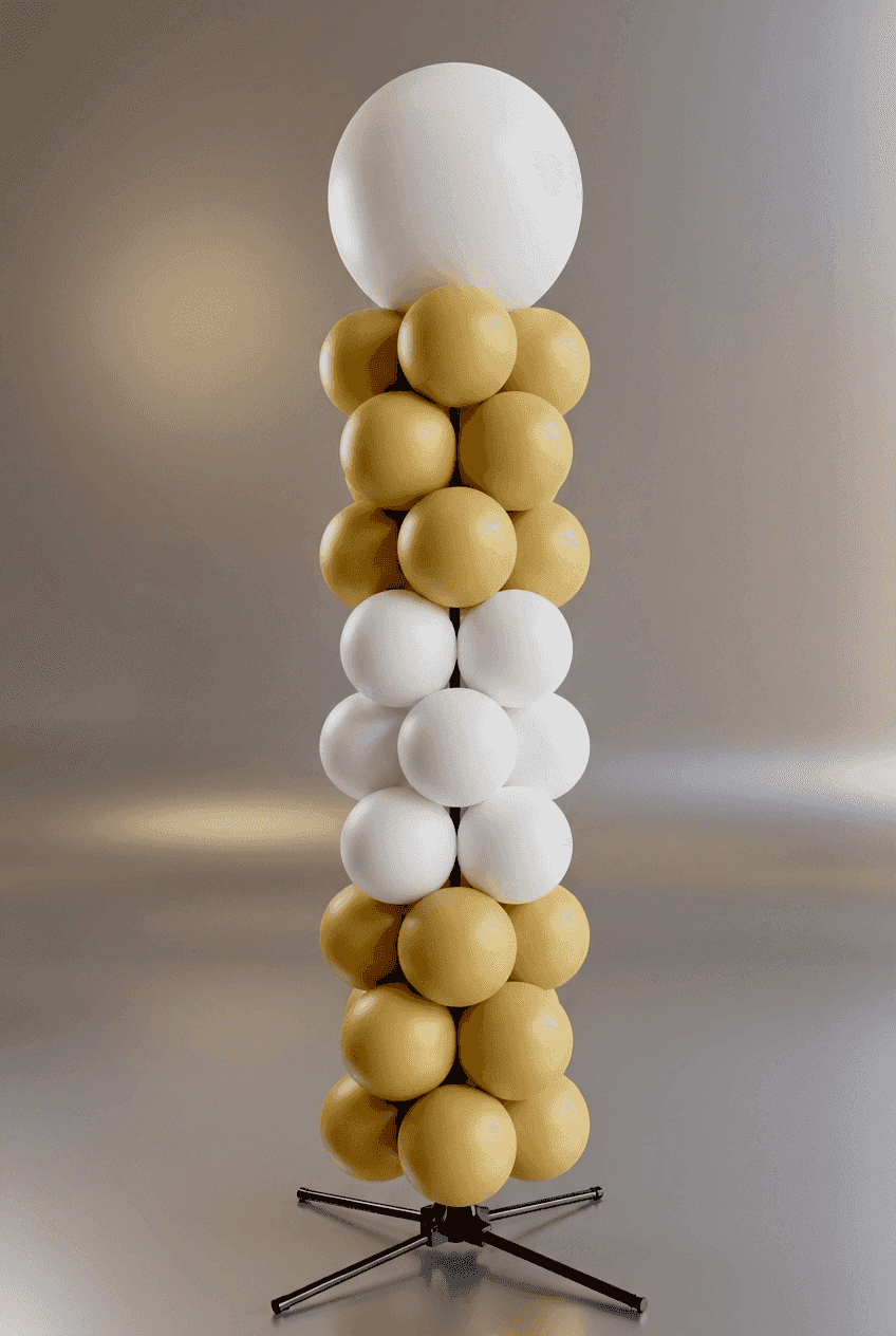 Elegante columna de globos en blanco y dorado