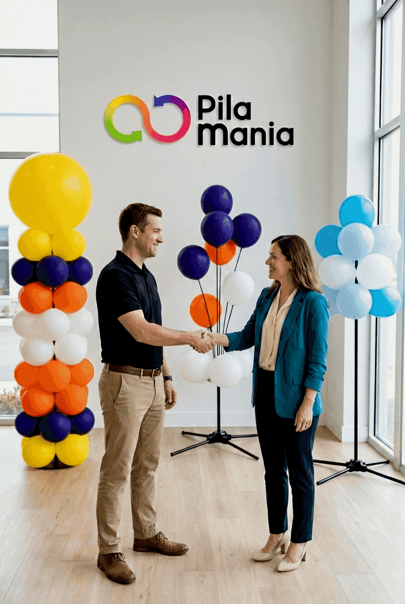 Socio de PilaMania en conversación con cliente sobre posibilidades de decoración para evento