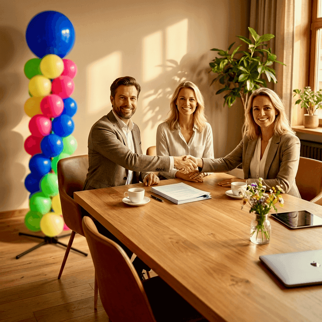 Situación de reunión de negocios en PilaMania, con columna de globos y fuente en el fondo durante los preparativos para un acuerdo de asociación.