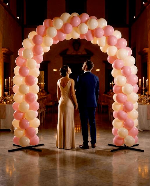 Un orador inspiracional en un escenario con una columna de globos en el podio