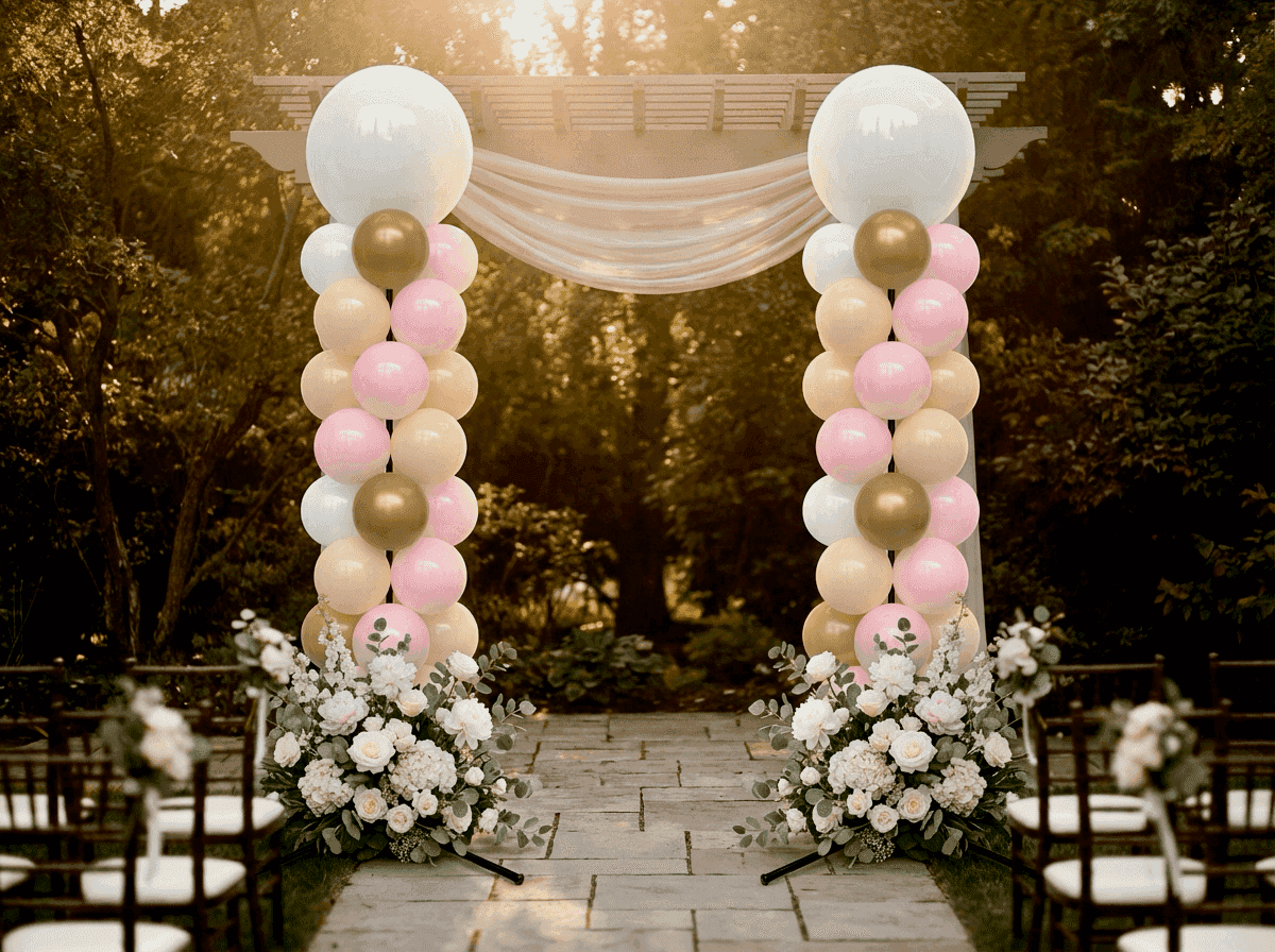 Columnas de globos blancas como telón de fondo romántico en ceremonia de boda