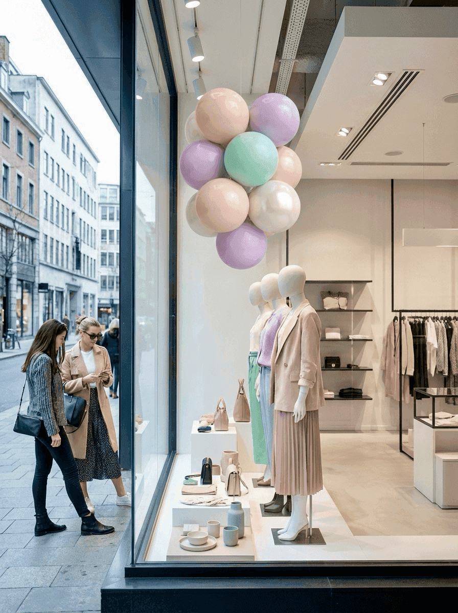Racimo de globos colgante en escaparate de tienda como eye-catcher