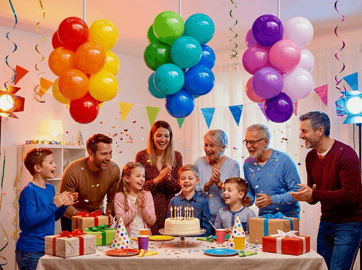 Racimos de globos colgantes sobre mesa de fiesta para cumpleaños